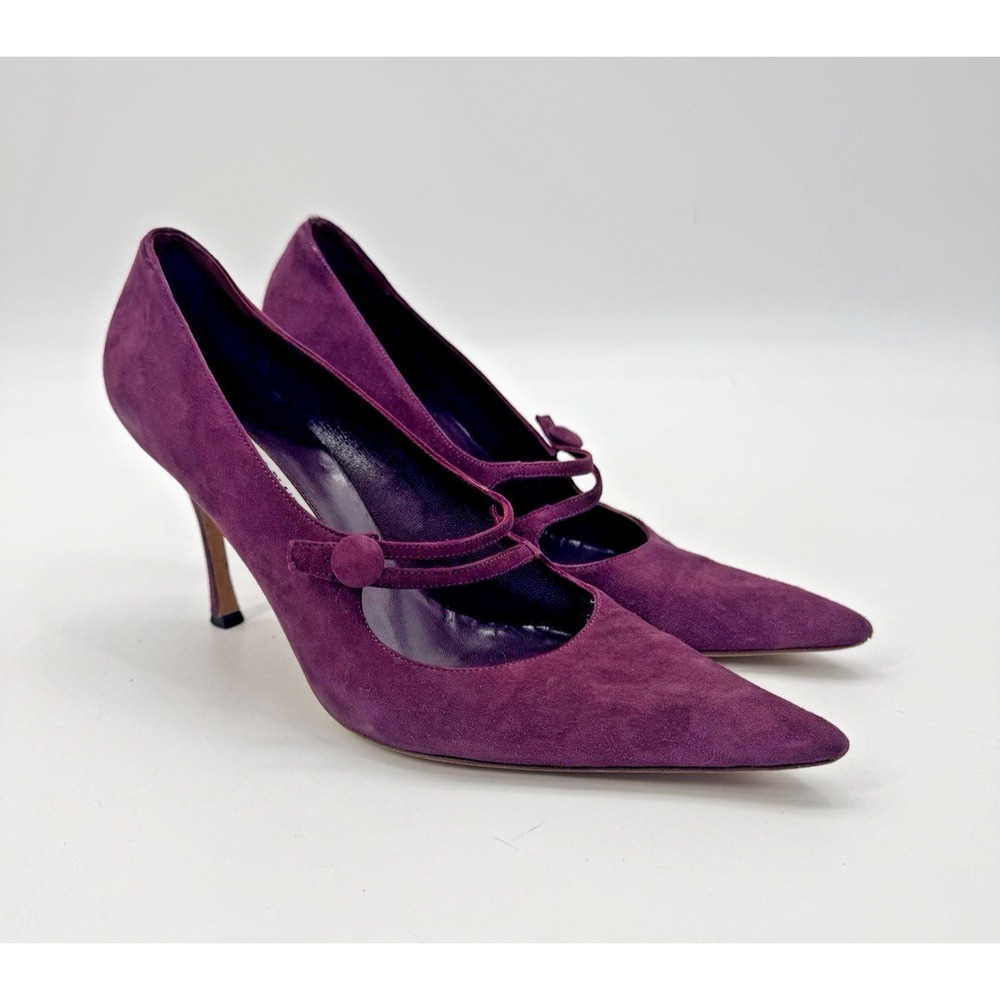 Whimsigoth VTG Manolo Blanik Purple Suede Heel 40.5 Pumps Double Strap 3" Italy